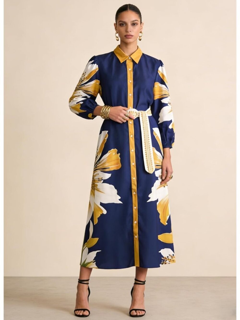 Women's Summer Maxi Dress Navy Long Sleeve Button Down Shirt Dress with Pocket - Picture 2 of 6